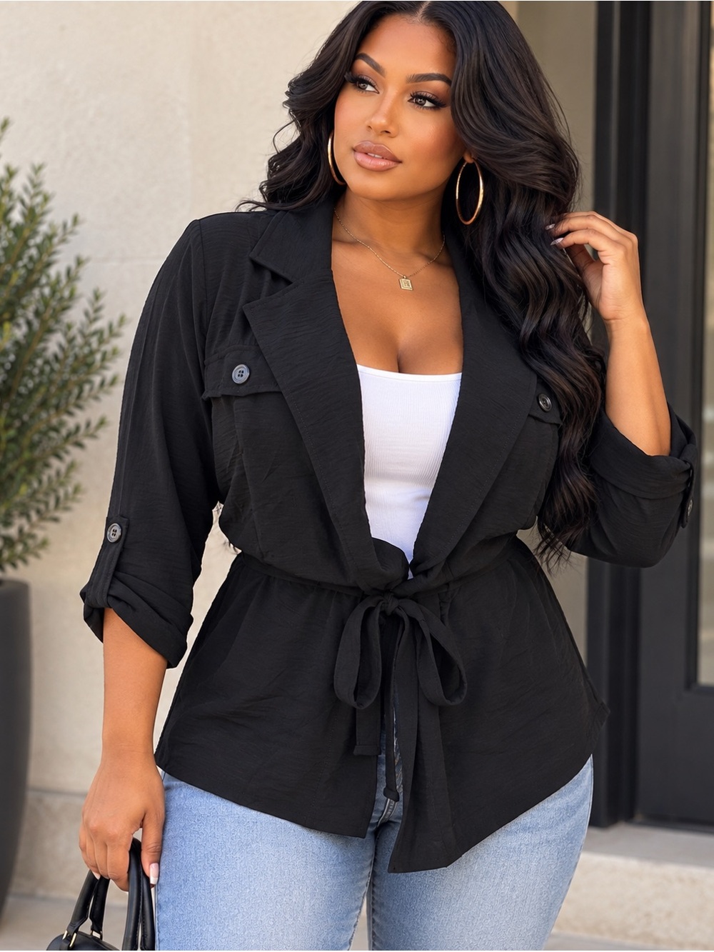 SOHO Apparel Ltd Black Utility Tie-Waist Blazer Jacket